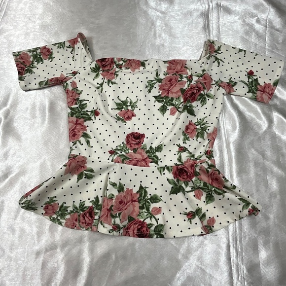 Vintage-Inspired Floral Peplum Top Polka Dot Cottagecore Stretch Blouse M USA - Picture 6 of 9